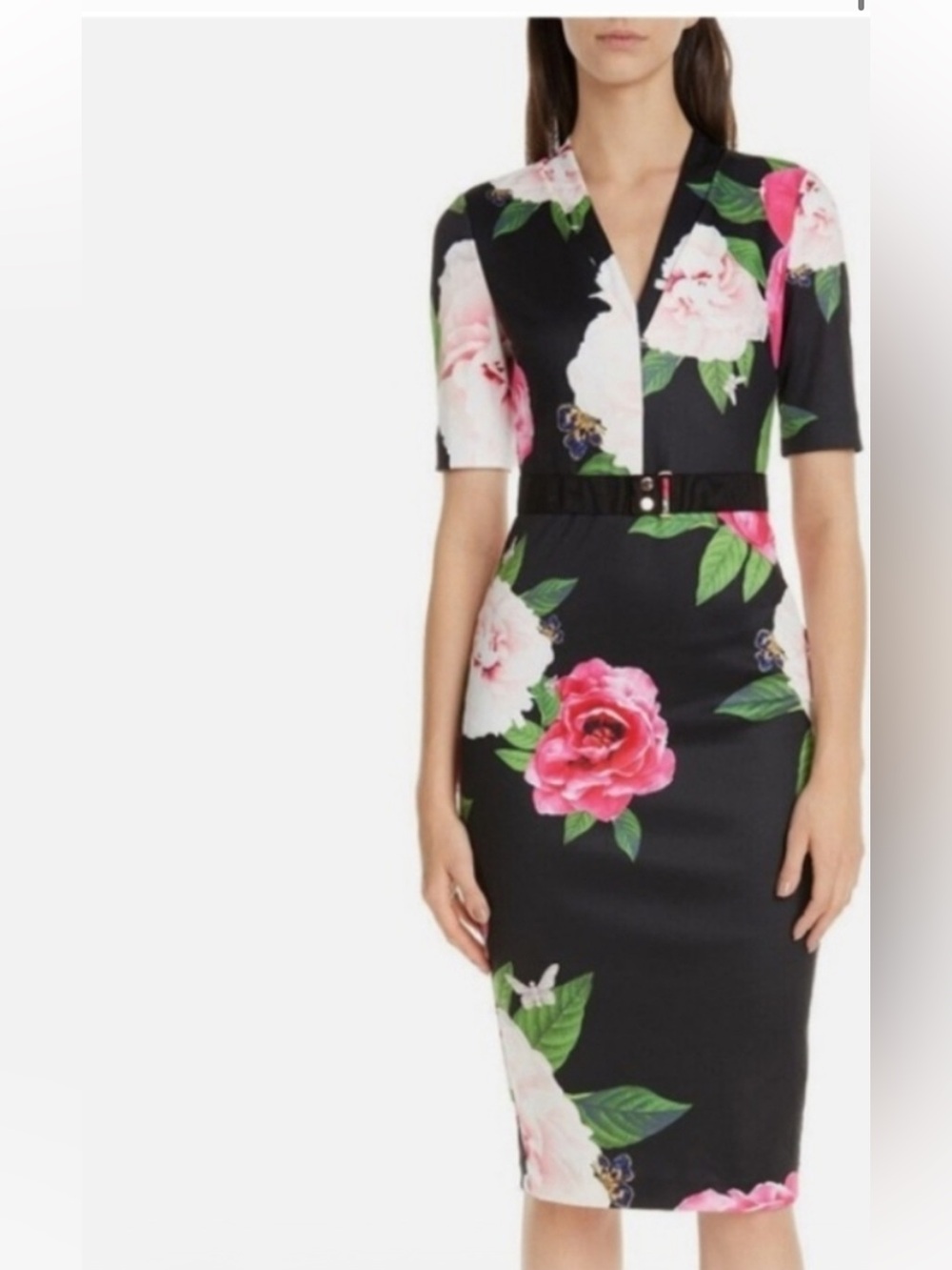 Ted Baker Black and Pink Floral Midi Dress Gilanno Magnificent bodycon
